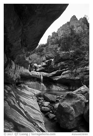 Striated alcove, waterfall, and rock towers, Pine Creek Canyon. Zion National Park (black and white)