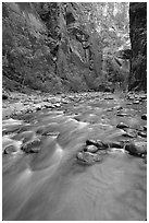 Virgin River and steep canyon walls in the Narrows. Zion National Park, Utah, USA. (black and white)