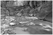 Alcove and Virgin River in the Narrows. Zion National Park, Utah, USA. (black and white)
