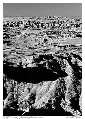 Badland ridges from Pinacles overlook, sunrise. Badlands National Park (black and white)