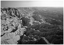 Basin of spires, pinacles, and deeply fluted gorges, Stronghold Unit. Badlands National Park ( black and white)