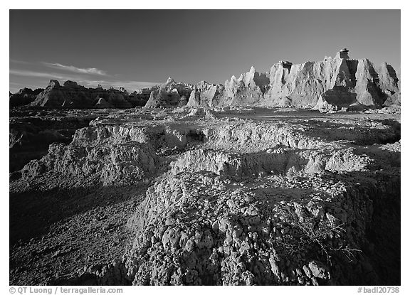 Erosion formations, Cedar Pass, sunrise. Badlands National Park (black and white)