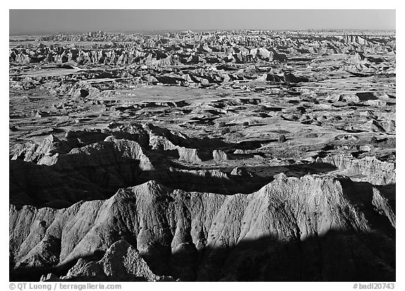 Badlands and prairie seen from above. Badlands National Park (black and white)