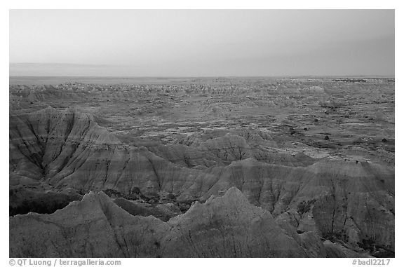 View from Pinacles overlook, dawn. Badlands National Park (black and white)