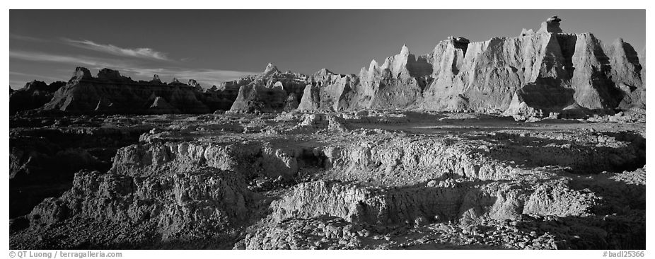Badlands towers and pinacles, early morning. Badlands National Park (black and white)