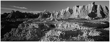 Badlands towers and pinacles, early morning. Badlands National Park (Panoramic black and white)