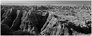 Scenic landscape of badlands. Badlands National Park (Panoramic black and white)