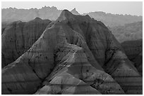 Tall eroded buttes and peaks. Badlands National Park ( black and white)