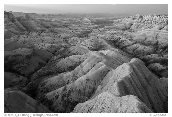 Badlands landscape from above at Panorama Point. Badlands National Park (black and white)