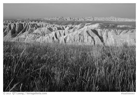 Mixed grass prairie alternating with badlands. Badlands National Park (black and white)