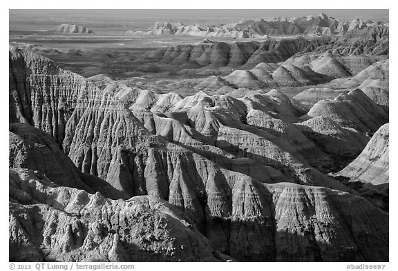 Buttes and ridges with shadows. Badlands National Park (black and white)
