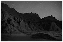 Badlands and star trails. Badlands National Park ( black and white)