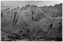 Peaks and canyons of the Wall near Norbeck Pass. Badlands National Park ( black and white)