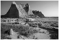 Brule formation butte raising from prairie. Badlands National Park ( black and white)