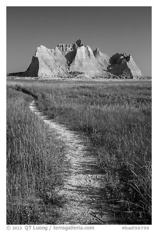 Trail winding in prairie next to butte. Badlands National Park (black and white)