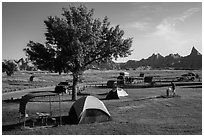 Campground and badlands. Badlands National Park, South Dakota, USA. (black and white)