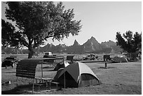 Tent camping. Badlands National Park, South Dakota, USA. (black and white)