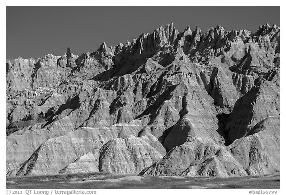 The Wall raising above prairie. Badlands National Park (black and white)