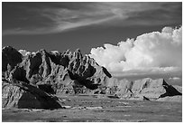 Badlands and afternoon clouds, Stronghold Unit. Badlands National Park, South Dakota, USA. (black and white)
