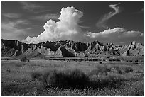 Cedar Butte, South Unit. Badlands National Park, South Dakota, USA. (black and white)