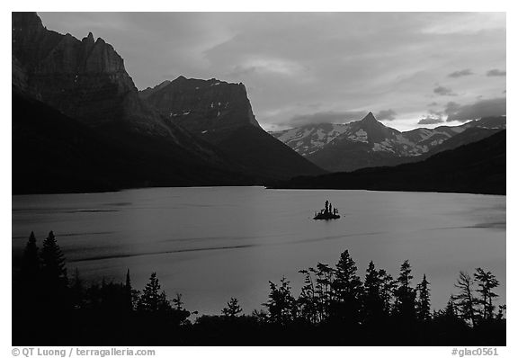 St Mary Lake and Wild Goose Island, sunset. Glacier National Park (black and white)