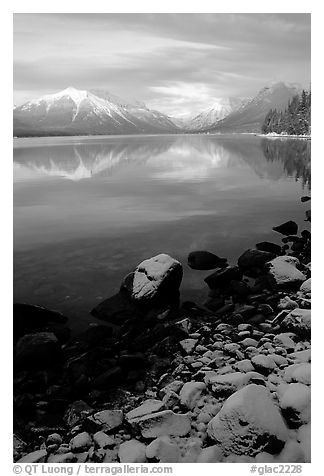 Shores of Lake McDonald in winter. Glacier National Park (black and white)