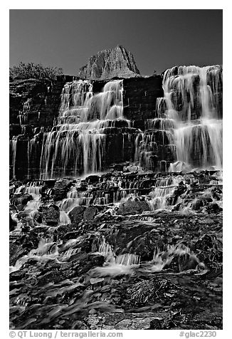 Waterfall at hanging gardens, Logan pass. Glacier National Park (black and white)