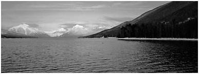 Snowy mountains across Mc Donald Lake. Glacier National Park (Panoramic black and white)
