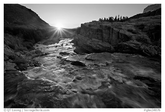 Outlet stream of Swiftcurrent Lake, sunrise. Glacier National Park (black and white)