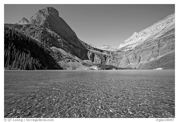Pebbles in Grinnell Lake, Angel Wing, and the Garden Wall. Glacier National Park (black and white)
