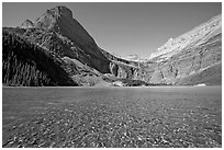 Pebbles in Grinnell Lake, Angel Wing, and the Garden Wall. Glacier National Park, Montana, USA. (black and white)