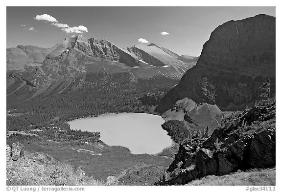 Grinnell Lake, Angel Wing, and Allen Mountain, afternoon. Glacier National Park (black and white)