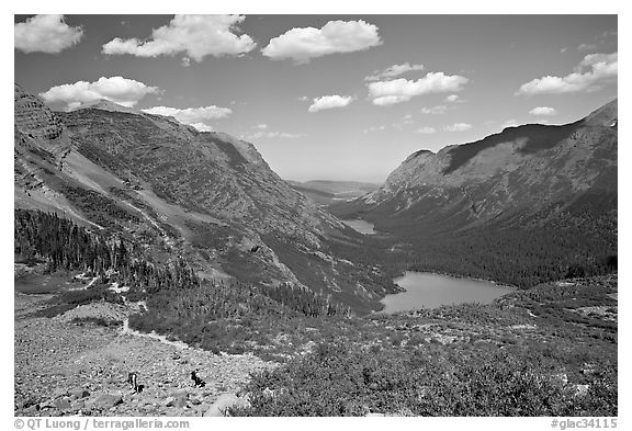 Many Glacier Valley with Grinnell Lake and Josephine Lake. Glacier National Park (black and white)
