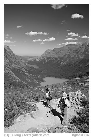 Switchback on trail, with Grinnel Lake and Josephine Lake in the background. Glacier National Park (black and white)