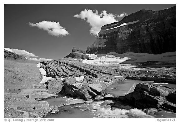 Outlet stream, Grinnell Glacier and Garden Wall. Glacier National Park (black and white)