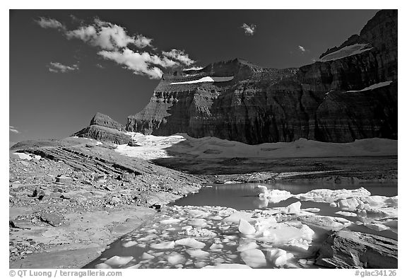 Upper Grinnell Lake with icebergs, late afternoon. Glacier National Park (black and white)