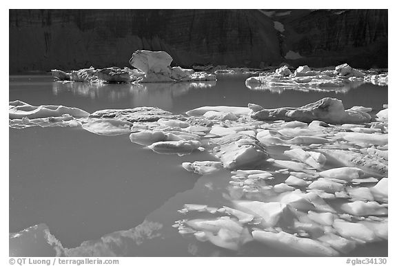 Icebergs and reflections in Upper Grinnell Lake. Glacier National Park (black and white)