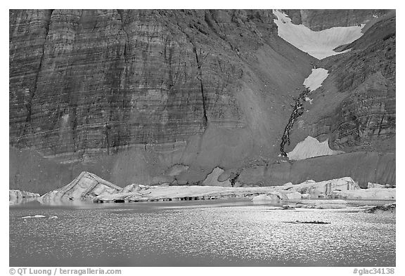 Ripples on Upper Grinnel Lake, with icebergs and glacier. Glacier National Park (black and white)