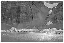 Ripples on Upper Grinnel Lake, with icebergs and glacier. Glacier National Park ( black and white)