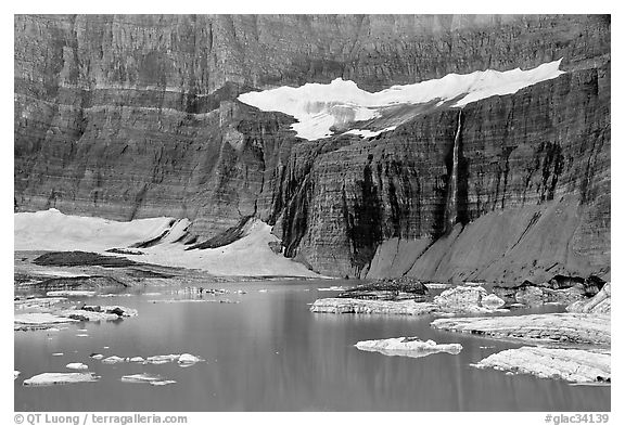 Salamander Glacier, Salamander Falls , and Upper Grinnell Lake. Glacier National Park (black and white)