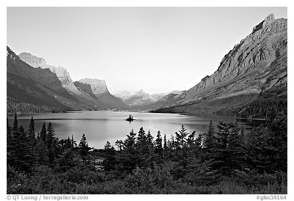 St Mary Lake, Going-to-the-sun Mountain, and Lewis Range, sunrise. Glacier National Park (black and white)