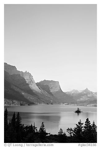 St Mary Lake and Wild Goose Island at sunrise. Glacier National Park (black and white)