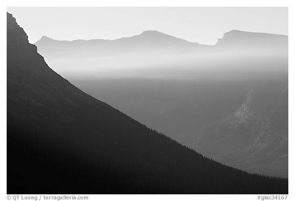 Ridge and light seen from Logan Pass. Glacier National Park (black and white)