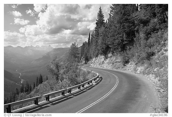 Curve on Going to the Sun road, afternoon. Glacier National Park (black and white)