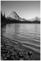 Two Medicine lakeshore with Sinopah Mountain and moon. Glacier National Park ( black and white)