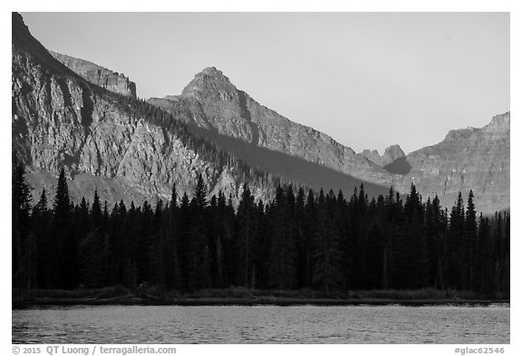 Lone Walker Mountain and treeline above Two Medicine Lake. Glacier National Park (black and white)