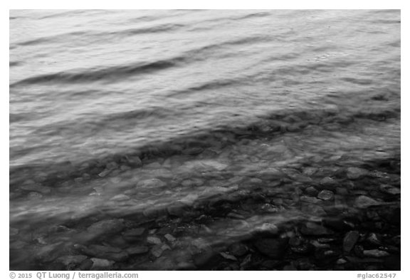 Reflection, ripples, and pebbles, Two Medicine Lake. Glacier National Park (black and white)