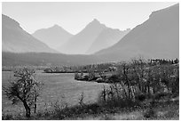 Saint Mary Lake and Continental Divide in autumn. Glacier National Park ( black and white)
