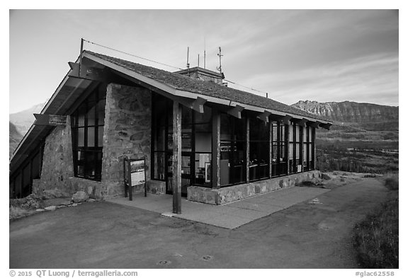 Logan Pass visitor center. Glacier National Park (black and white)
