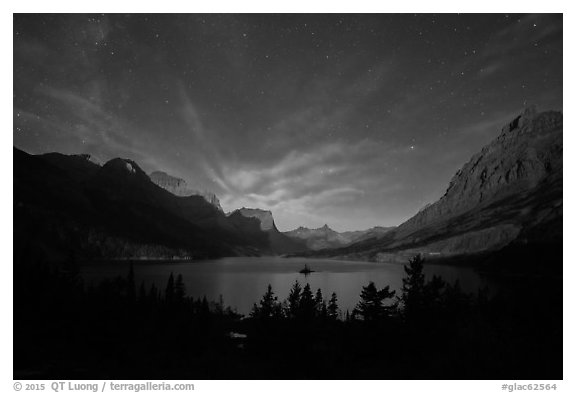 Saint Mary Lake at night with light from rising moon. Glacier National Park (black and white)